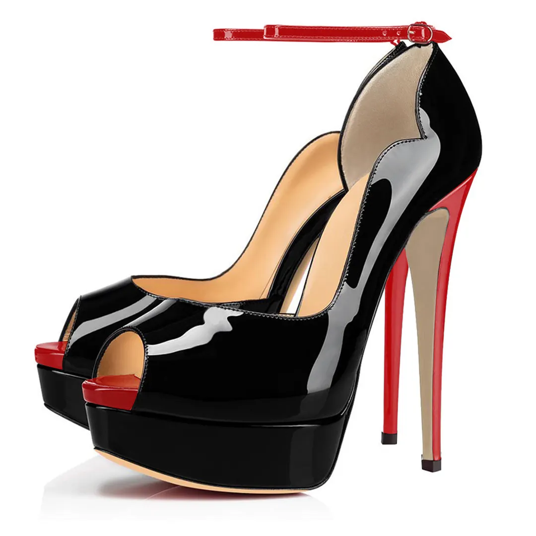 15cm/5.9 inch Ankle Strap Platform Shoes High Heels Peep Toe Patent Pumps
