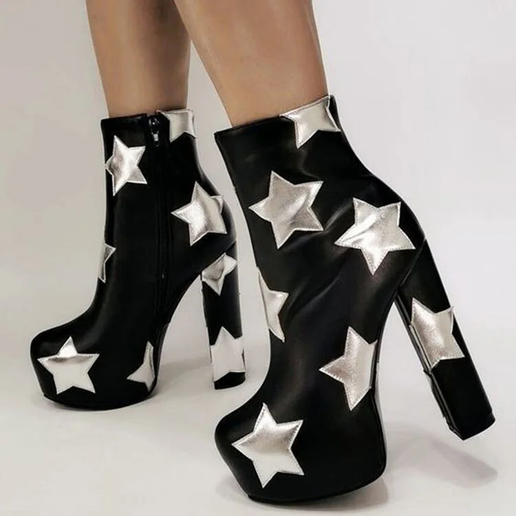 Black Platform Ankle Boots with Stars Design Chunky Heels Vdcoo