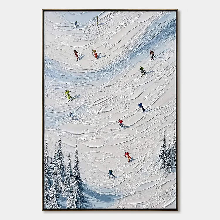 ALPINE RUSH: Textured Impasto Painting of Skiers on a Snowy Mountain（Canvas painting）