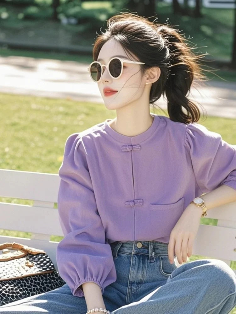 Athvotar Athvotar Chinese Style Buckle Round-Neck Shirt For Women In Spring 2025 New Ocean Design Purple Long-Sleeved Top