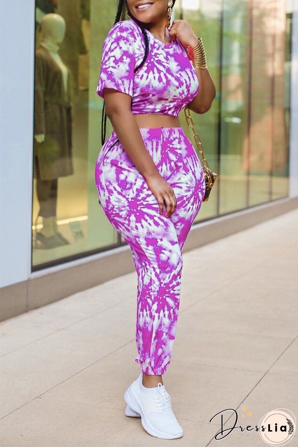 Fashion Casual Tie Dye Printing O Neck Short Sleeve Two Pieces