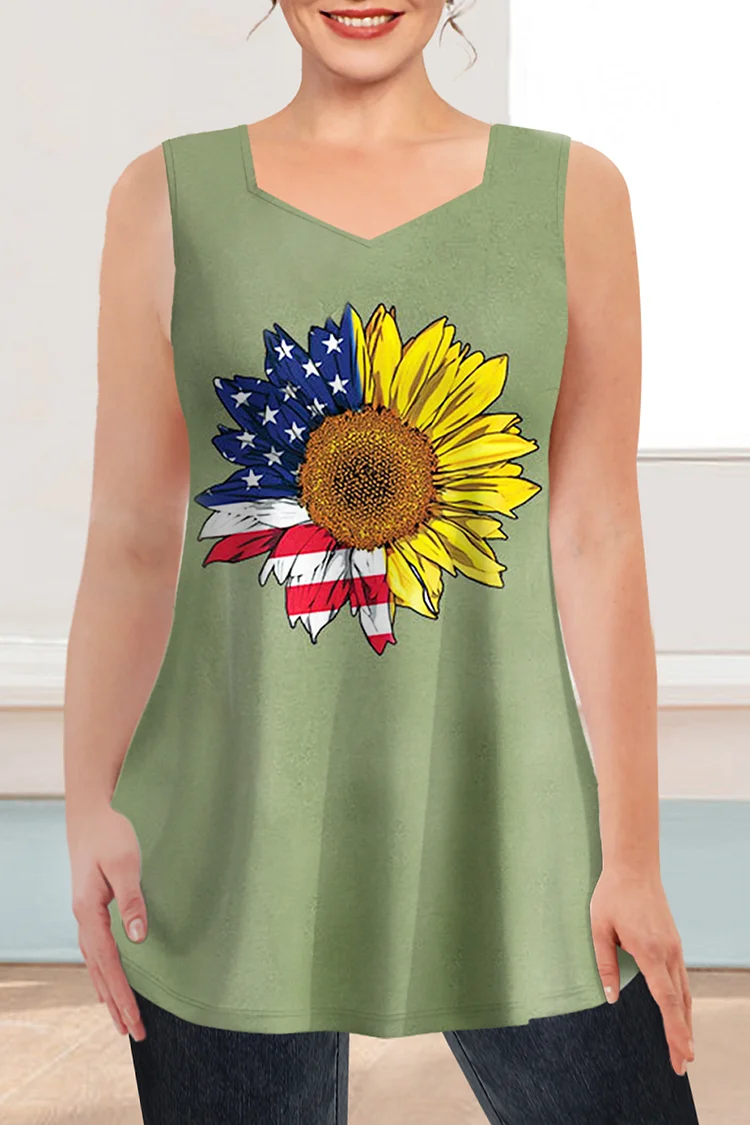 Flycurvy Plus Size Casual Green Sunflower Print Tank Top  Flycurvy [product_label]