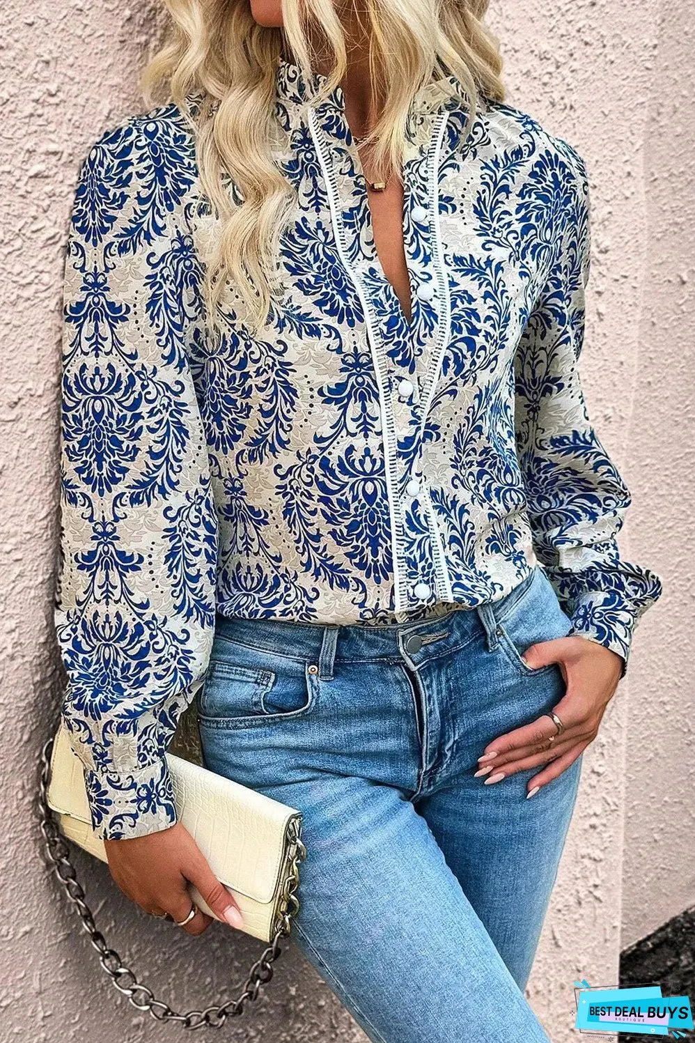 Sky Blue Bohemian Printed Bishop Sleeve Lace Shirt