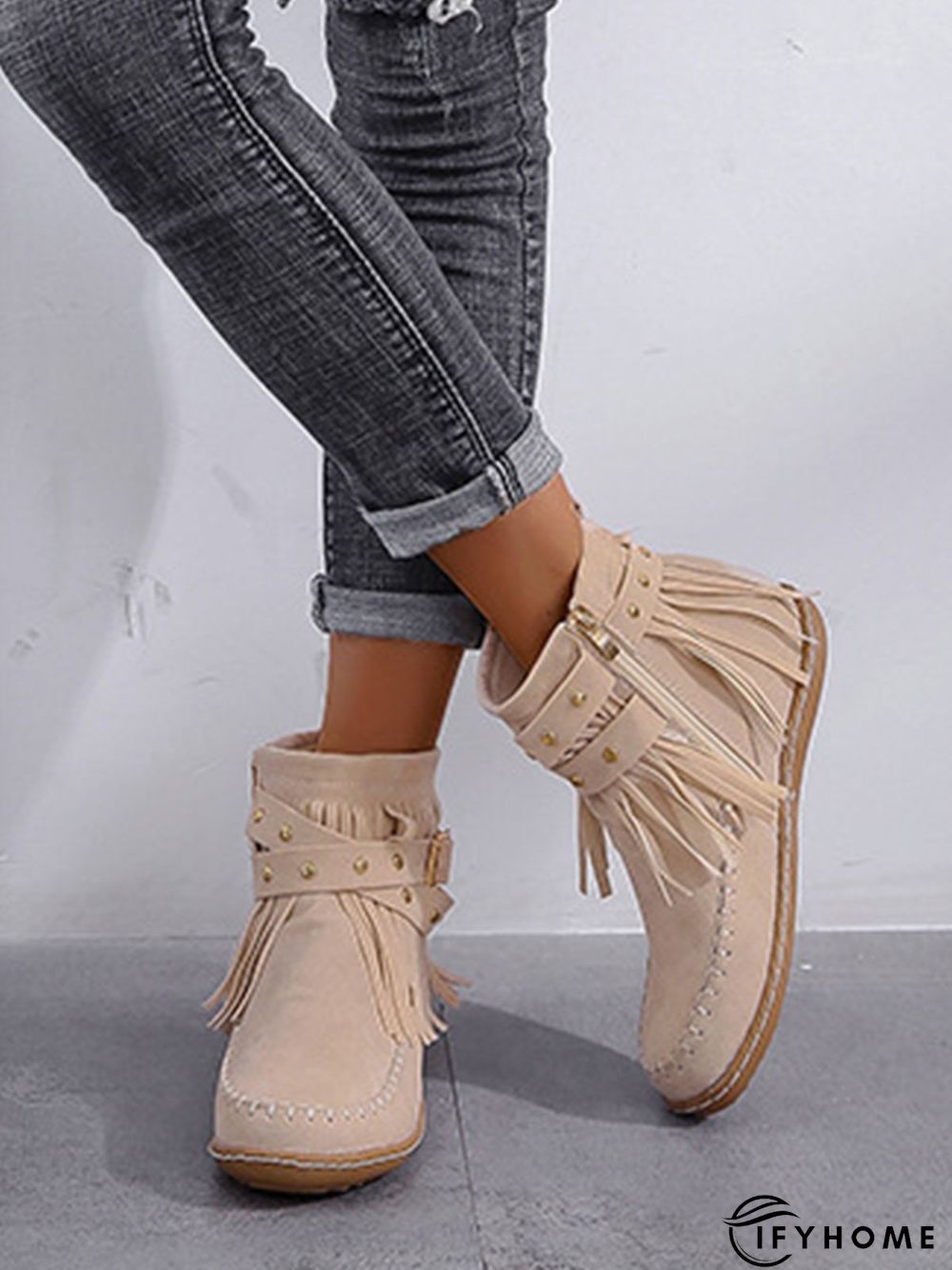 Vintage Fringe Studded Flat Round Toe Buckle Booties | IFYHOME