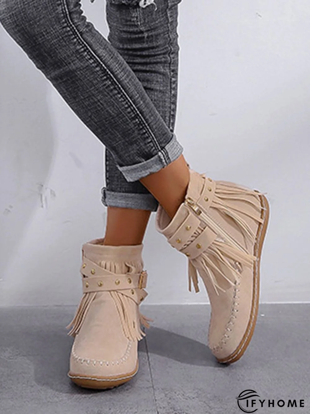 Vintage Fringe Studded Flat Round Toe Buckle Booties | IFYHOME