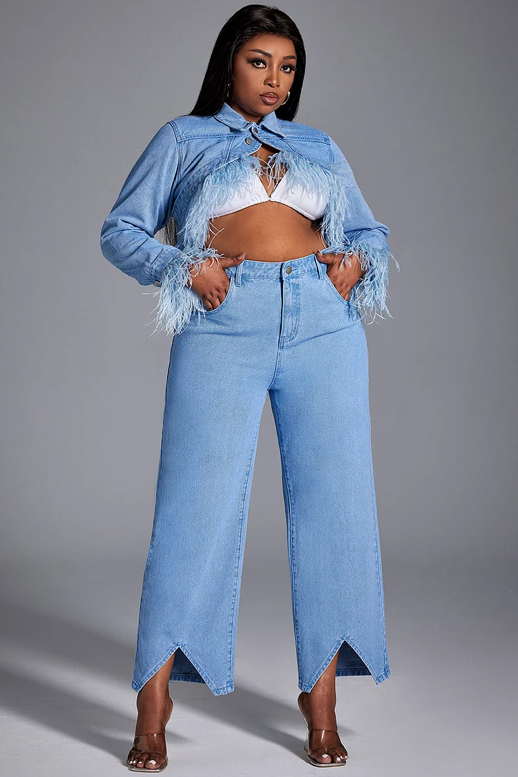 Xpluswear Design Plus Size Daily Jean Set Light Blue Straight Leg Feather Denim Two Piece Pant Set [Pre-Order]