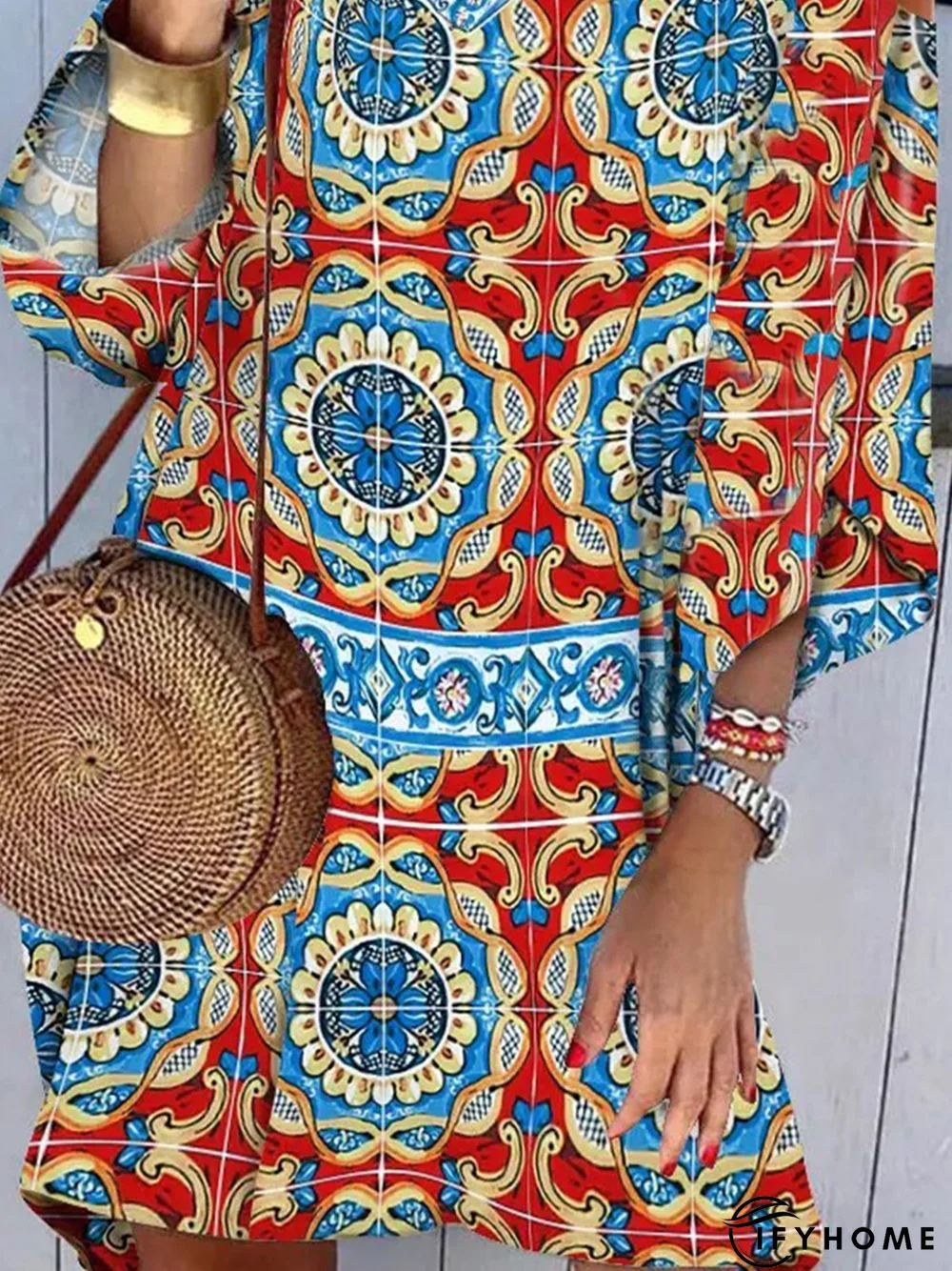 Ethnic Casual Vacation V Neck Three Quarter Cold Shoulder Loose Dress | IFYHOME