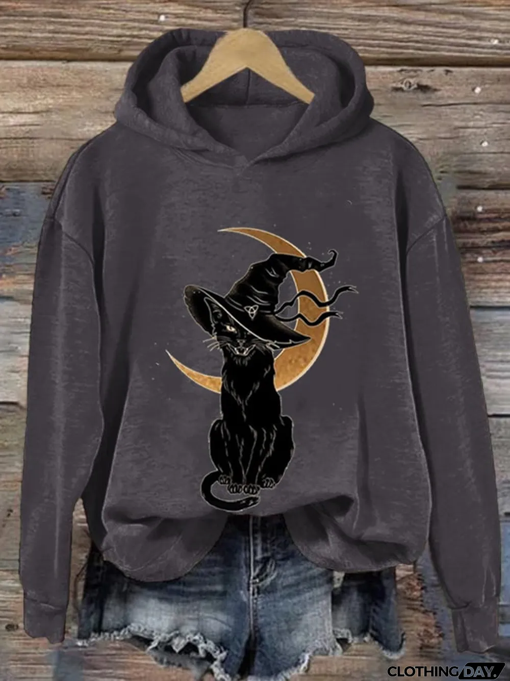 Women's Halloween Moon Cat Witch Print Casual Sweatshirt