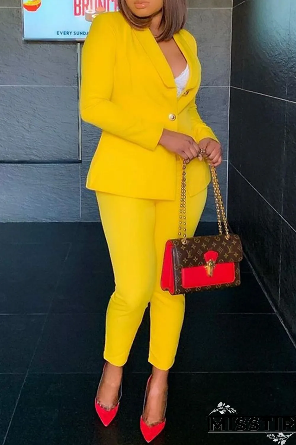 Yellow Fashion Casual Solid Cardigan Pants Turn-back Collar Long Sleeve Two Pieces