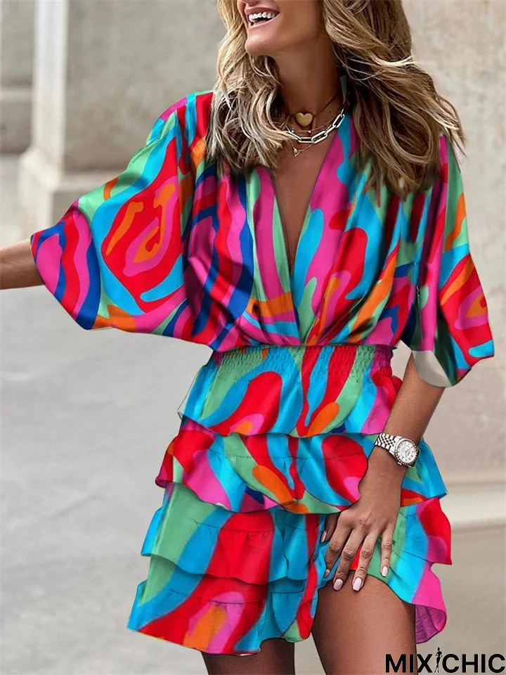 Commuter V-Neck Hem Irregular Print Dress