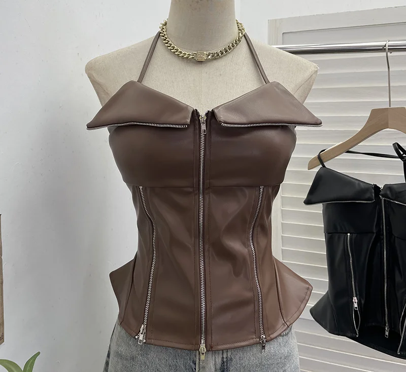 Nigikala Nigikala Shoot Hottie Hanging Neck Zipper Open Fork Sling Vest Pu Skin Bra Repair Short Sleeveless Top 8112