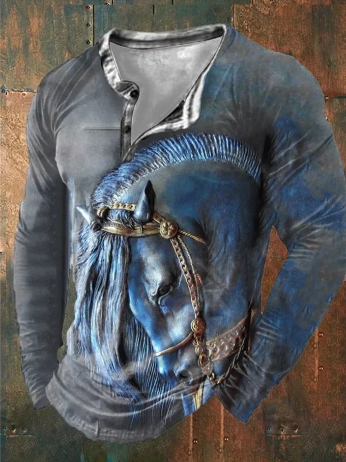 Men's Carving Laser Burn 3D Western Horse Print Button-Down Top