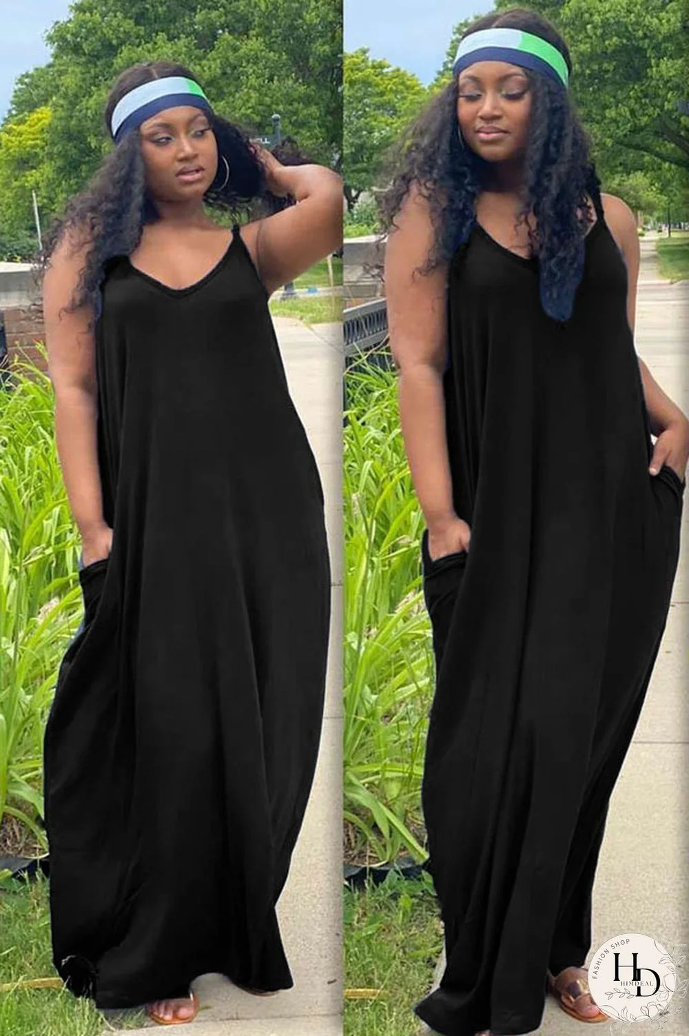 Hide Blue Sexy Black Light Blue Hide Blue Spaghetti Strap O neck Swagger Floor-Length Print Dresses