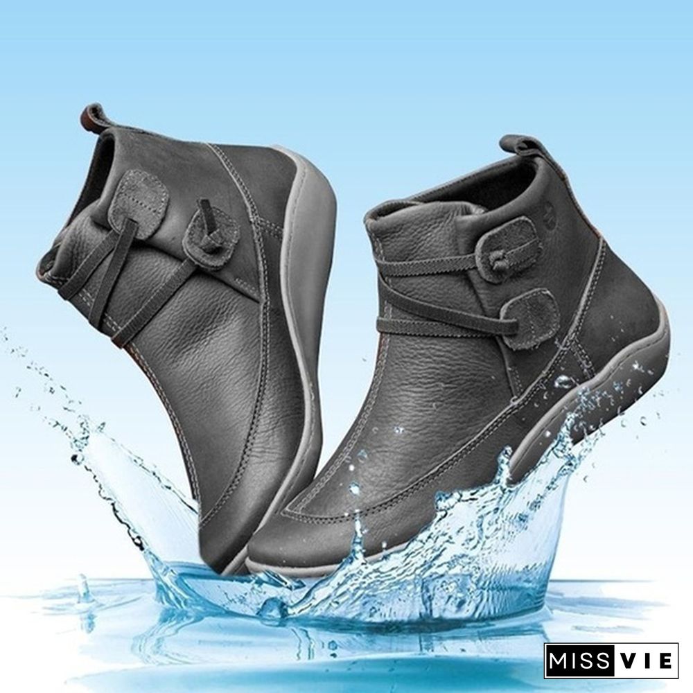 Women's Braided Strap Flat Heel All Season Boots Waterproof Leather Comfortable Flat Heel Boots Round Toe Ankle Boots