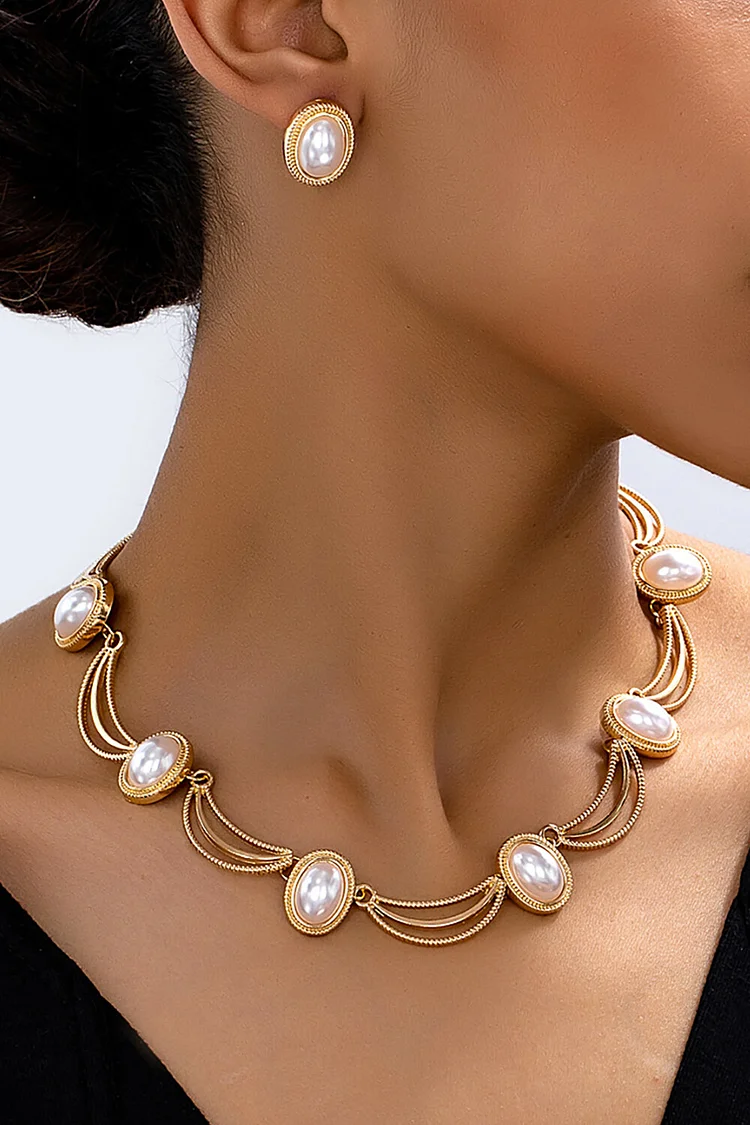 Simulated Pearl Stud Earrings Elegant Necklace Set