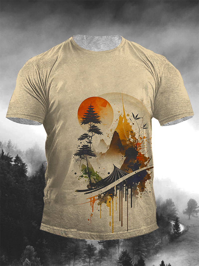 Men's Ink Landscape Painting Print Casual Short Sleeve T-shirt