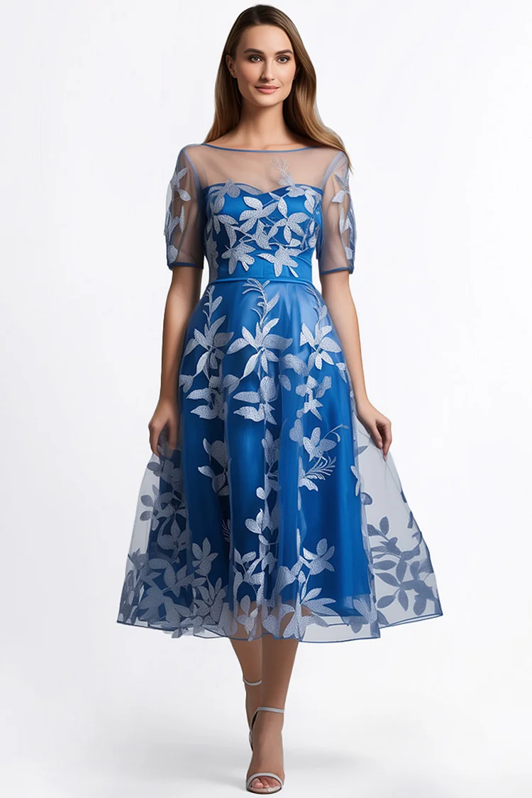 Zaruci Mother Of The Bride Blue Mesh Floral Embroidery Short Sleeve Midi Dress [Pre-Order]