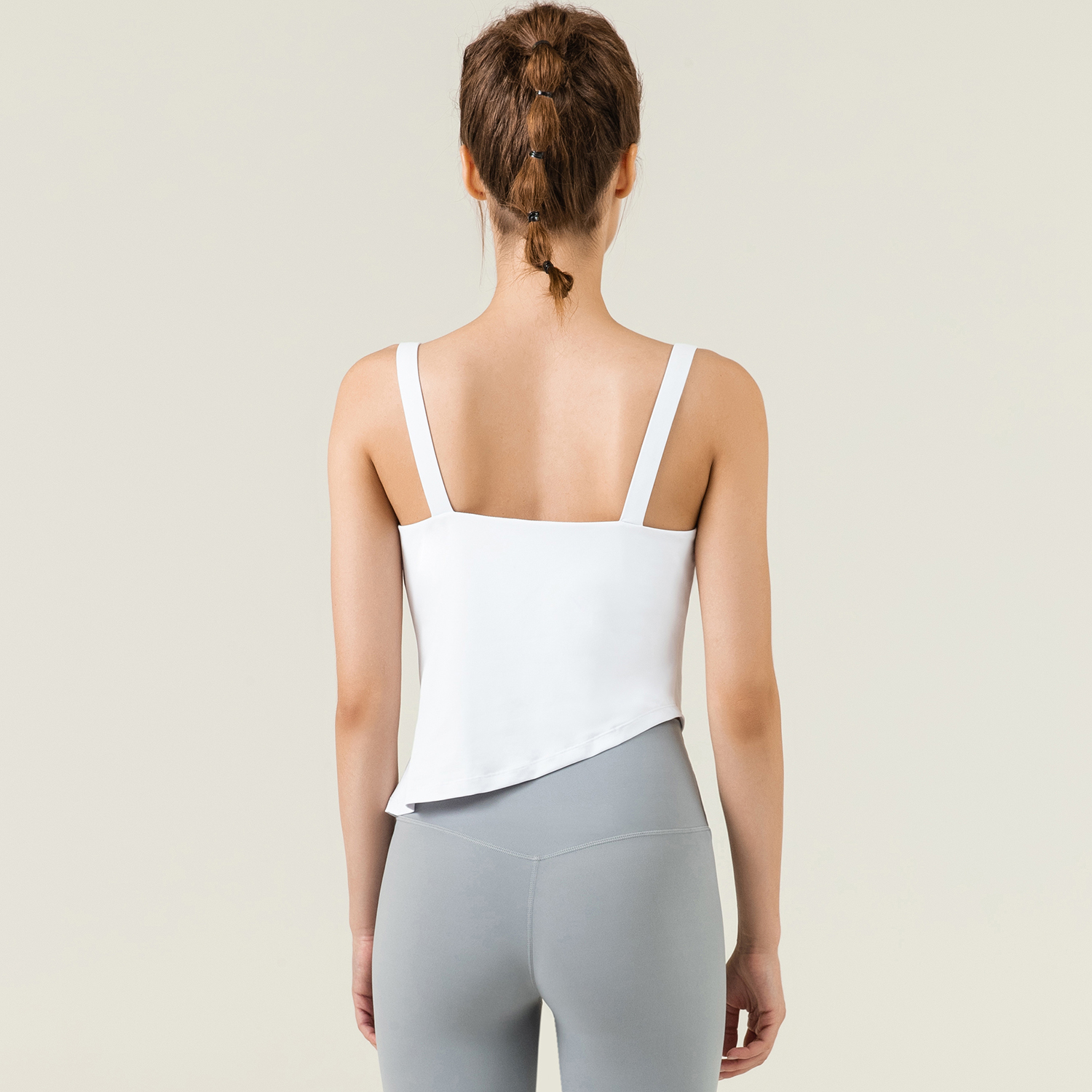 Buy White different colors and types of irregular hem loose polyester comfort gym tank top vest with remobavle cups on Hergymclothing