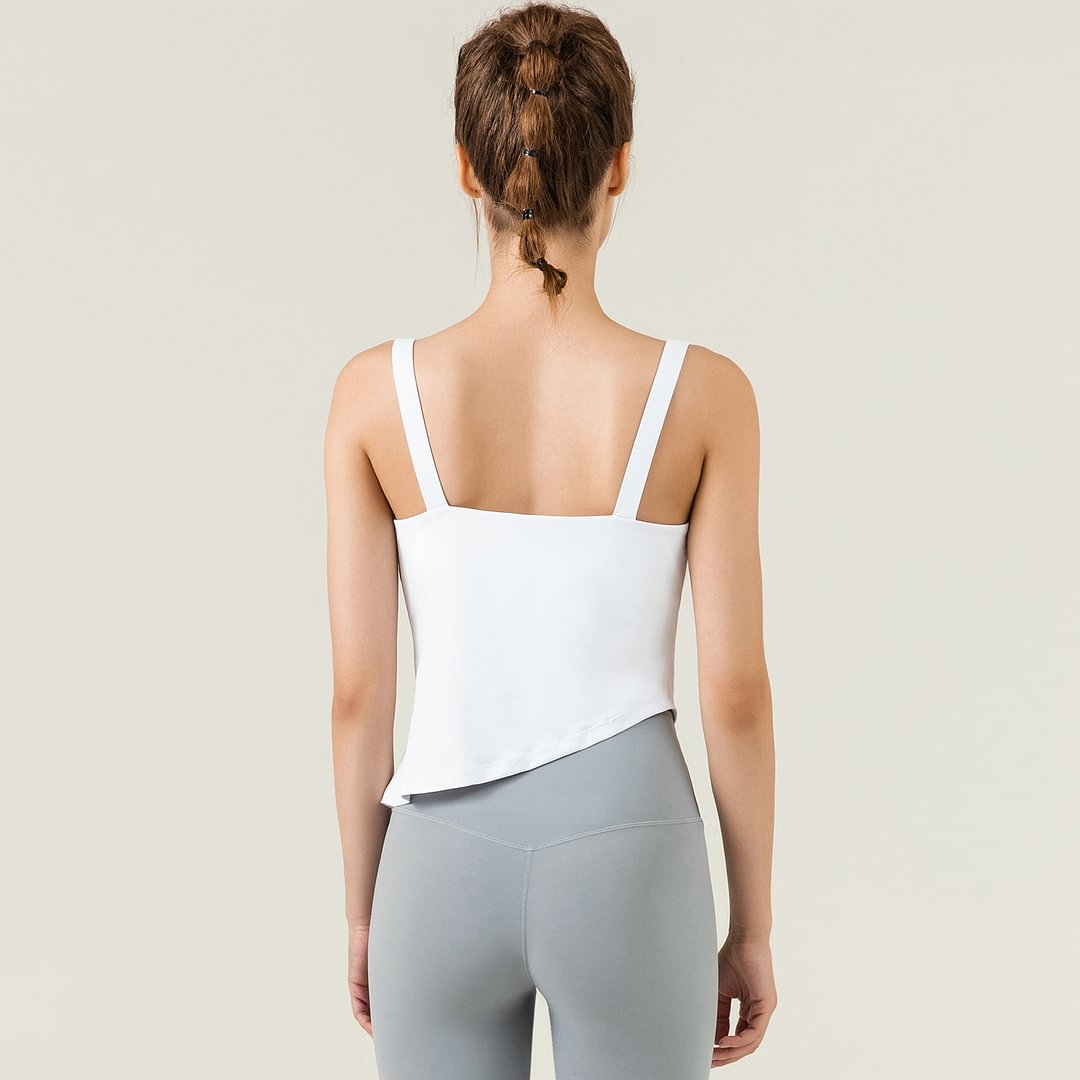 Buy White different colors and types of irregular hem loose polyester comfort gym tank top vest with remobavle cups on Hergymclothing