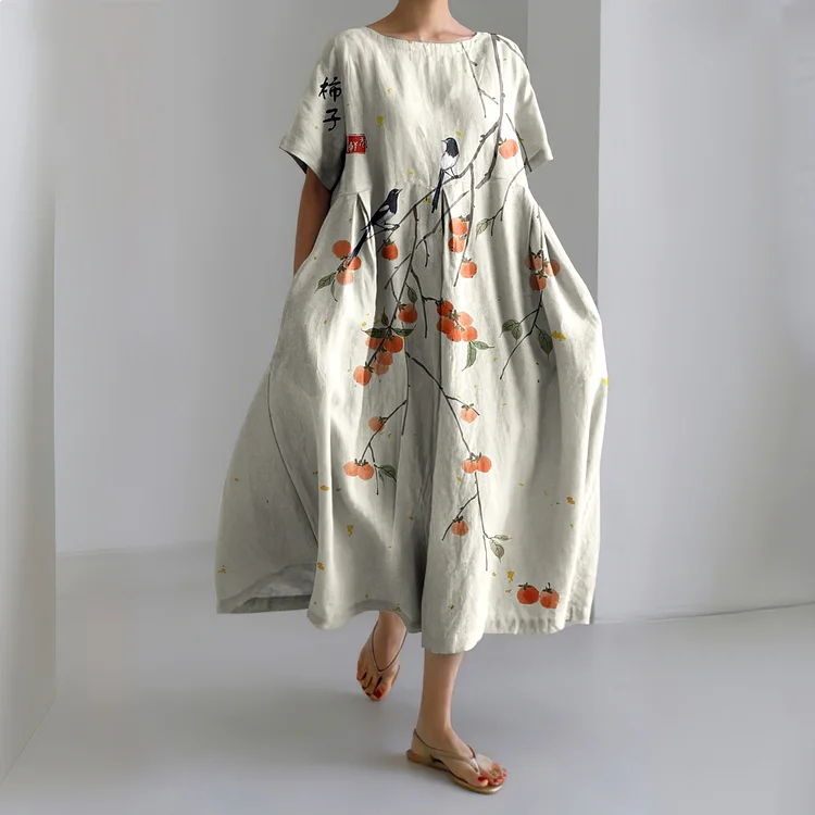 VChics Japanese Art Persimmon Linen Blend Short Sleeve Maxi Dress