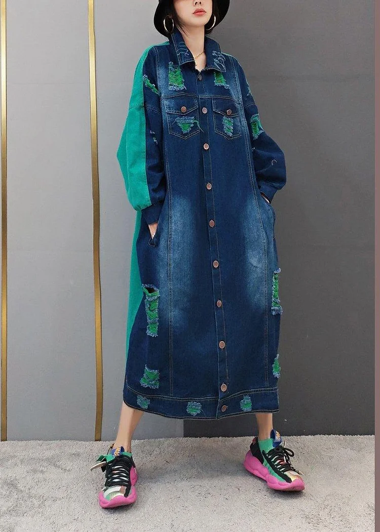 Beautiful Green Quilting Clothes Lapel Hole Maxi Spring Dresses