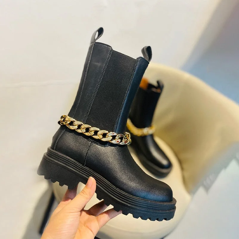 Women's Short Boots Black Removable Metal Chain Fashion Woman Ankle Boot Shoes Leather Platform Luxury Chelsea Boot Winter 2021