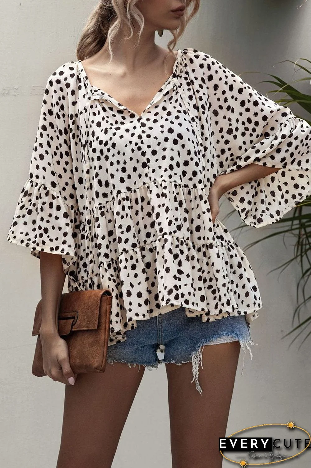 Ruffle Dot Lace-Up Neckline Top