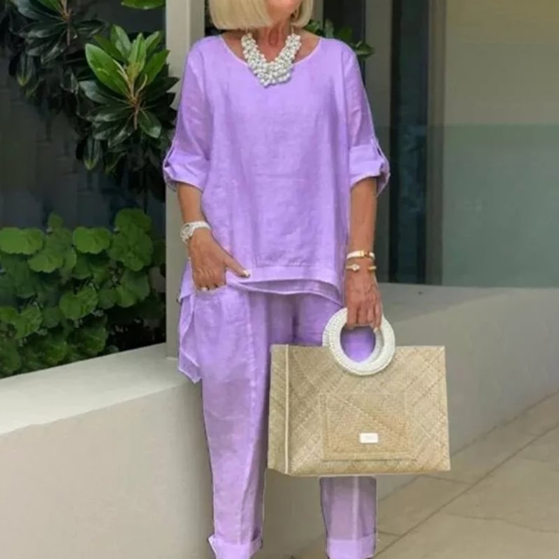 Casual Cotton Linen Crew Neck Two Piece Set