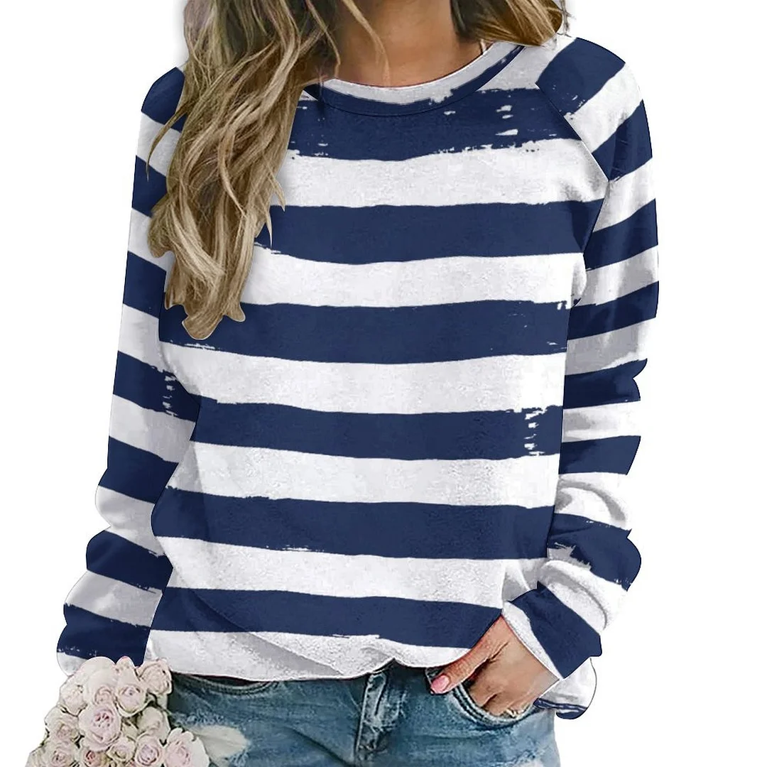 Printed Long Sleeve Casual Sweatshirt for  Women and Men Unisex Pattern Striped, Blue