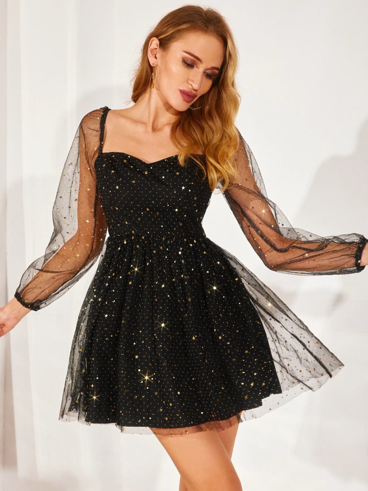 Double Crazy Star & Dobby Mesh Fit And Flare Dress