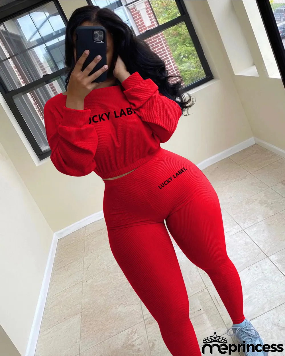 Plus Size Letter Long Sleeve 2 Piece Pants Set