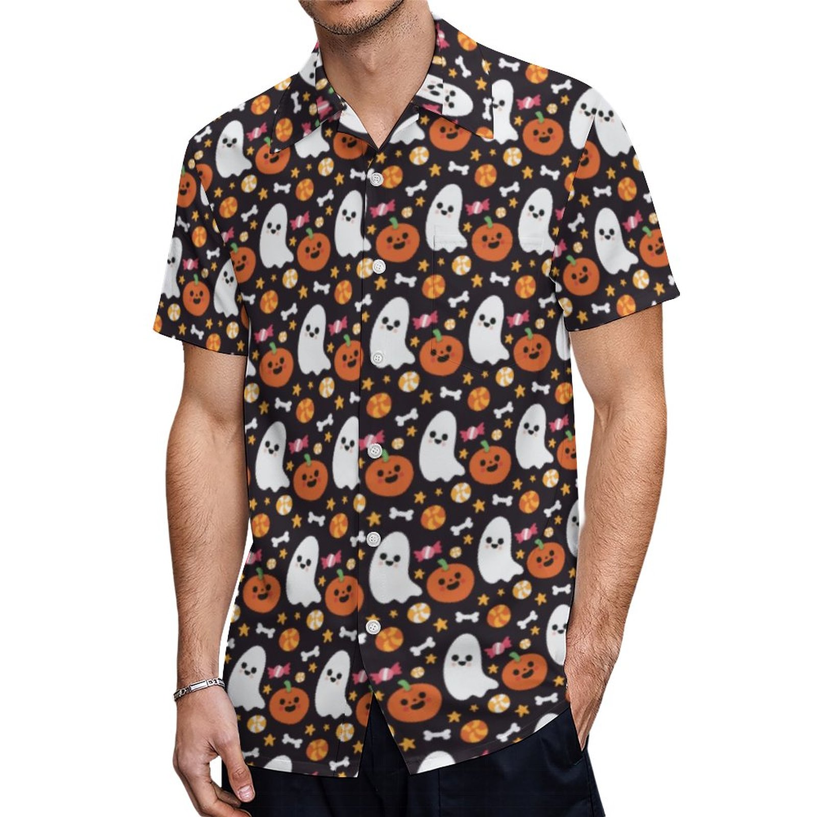 Cute Ghost Pumpkin Candy Halloween Pattern Hawaiian Shirt Mens Button Down Tropical Hawaii Beach Shirts