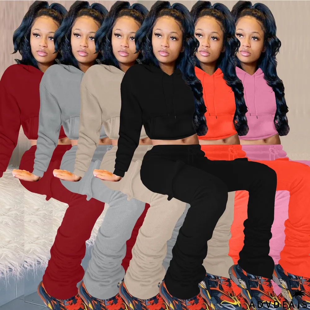Solid Fleece Hoodie Top Pile Pants Casual Two Piece Sets