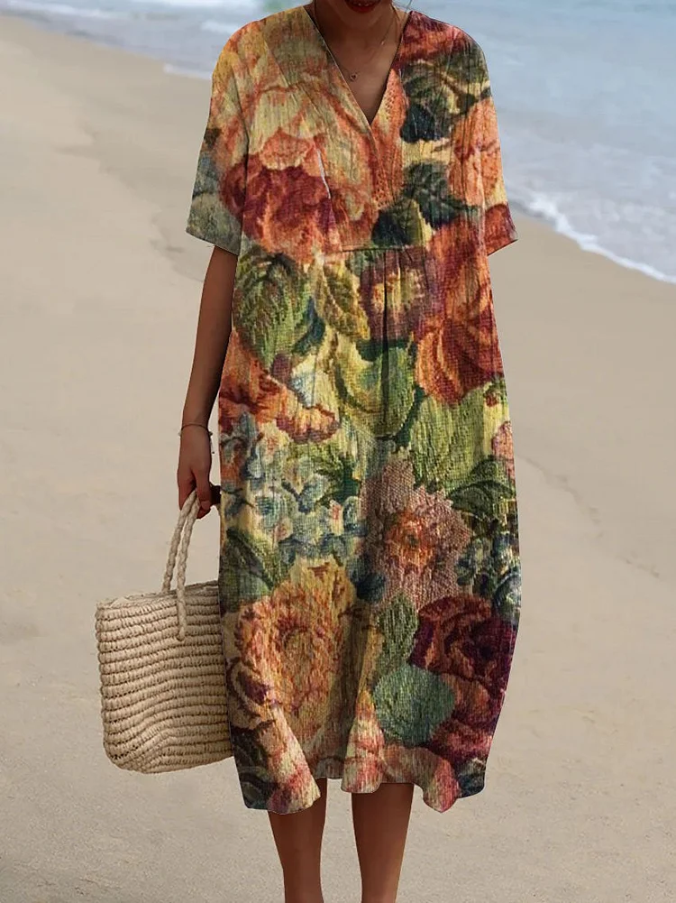 Women's Vintage Floral Art Print Casual Flowy Dress