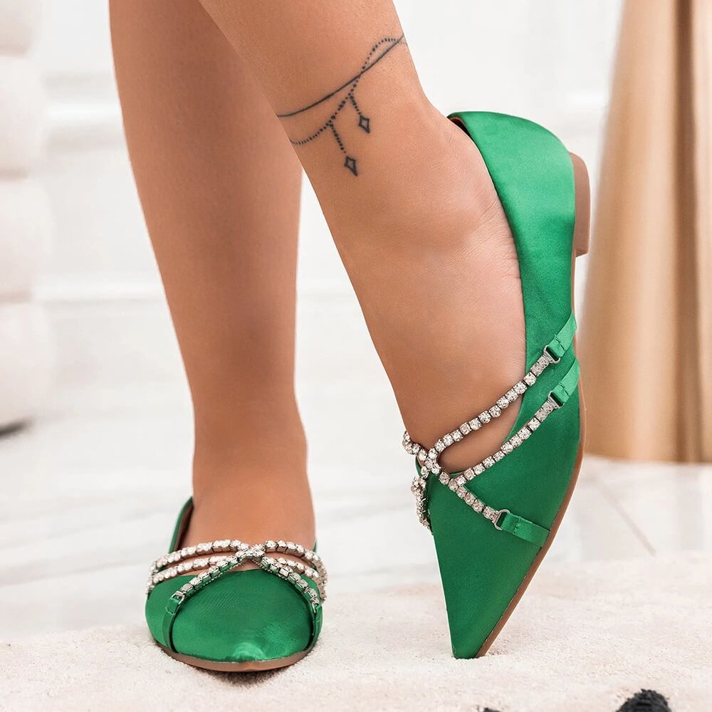 Green Flat Sandals Rhinestone Pointed Flat Sandals 2cm Flat Sandals Nicepairs