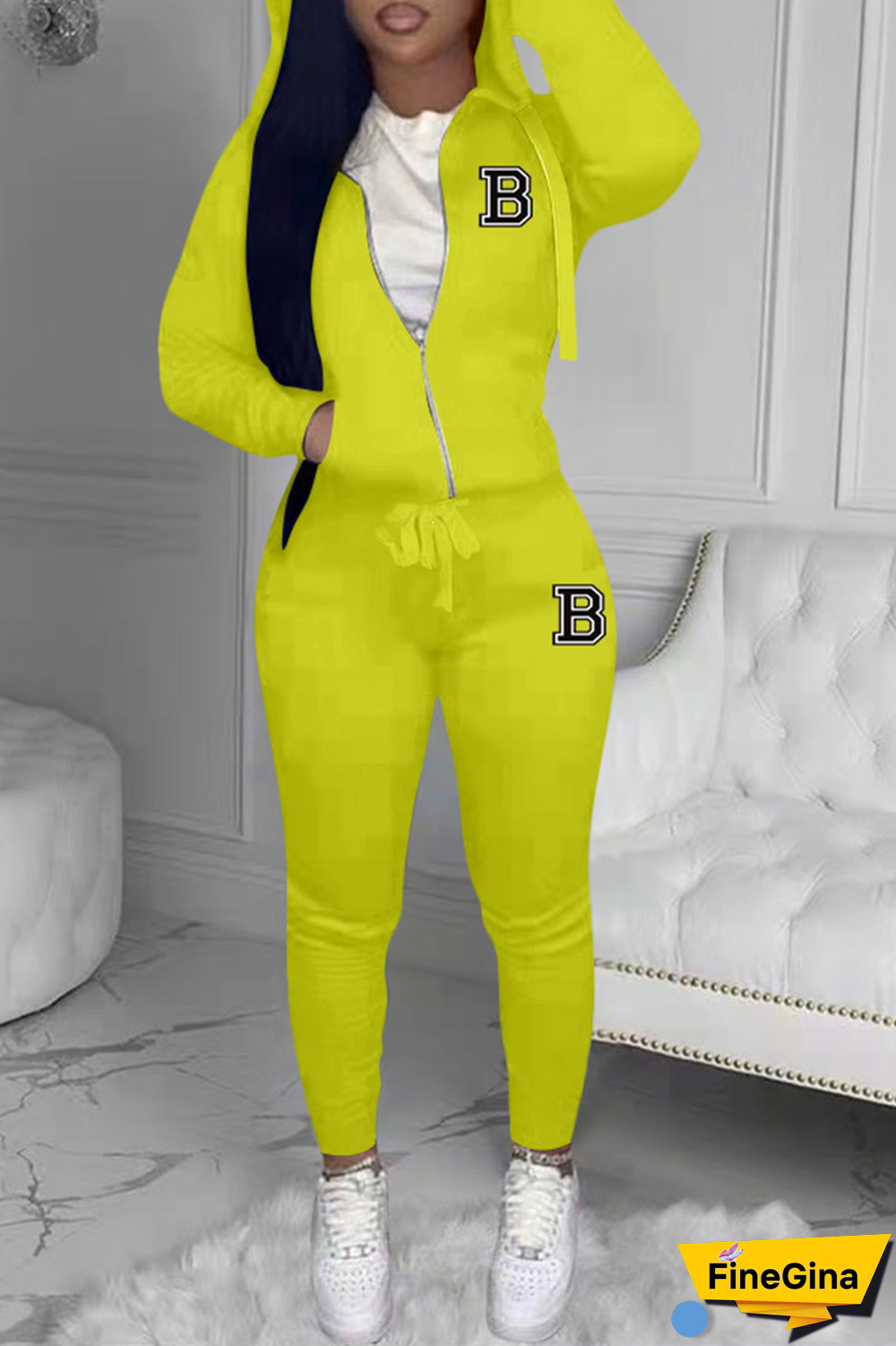 Yellow Street Print Patchwork Hooded Collar Long Sleeve Two Pieces