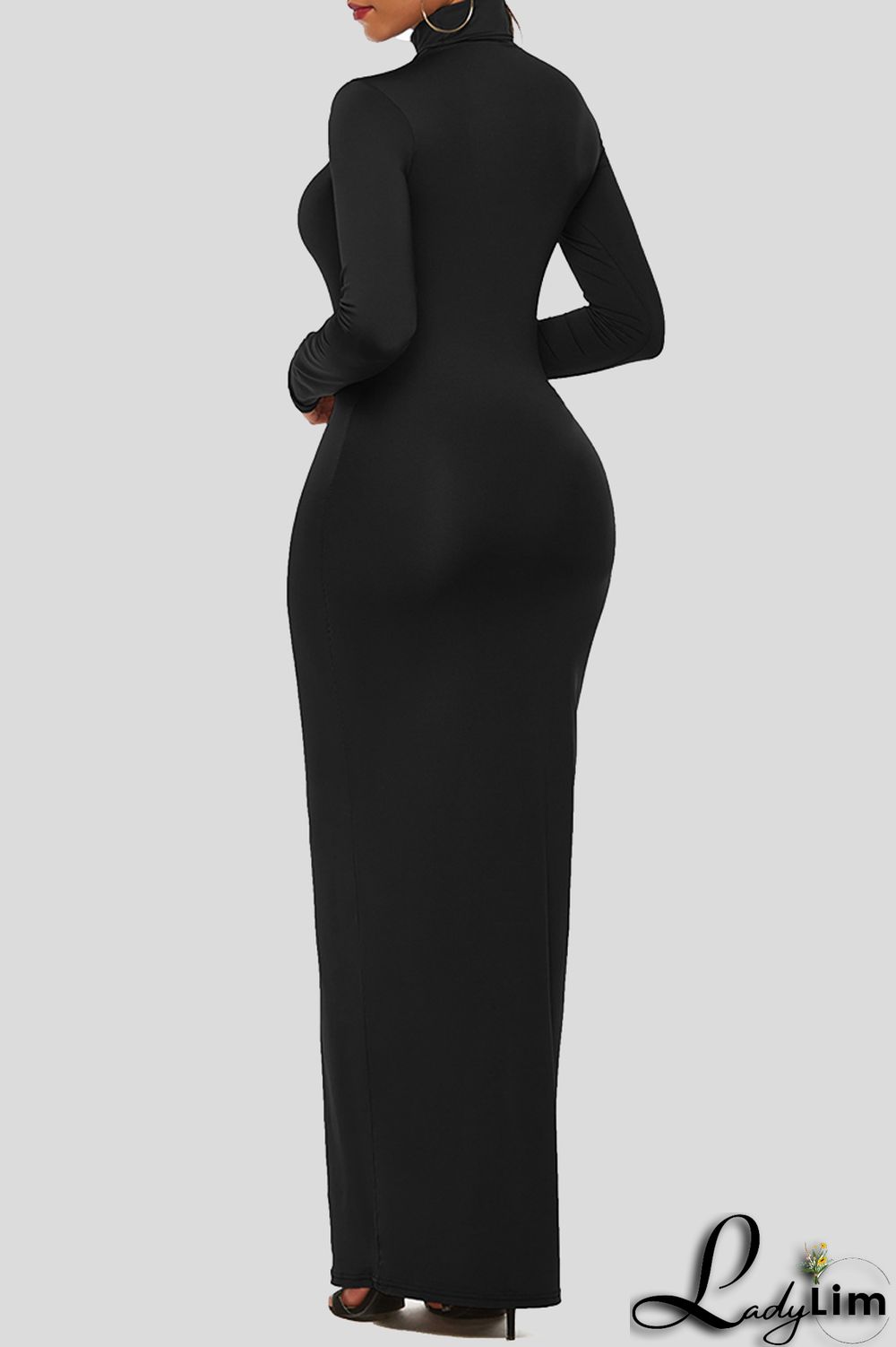 Black Fashion Casual Solid Basic Turtleneck Long Sleeve Dresses