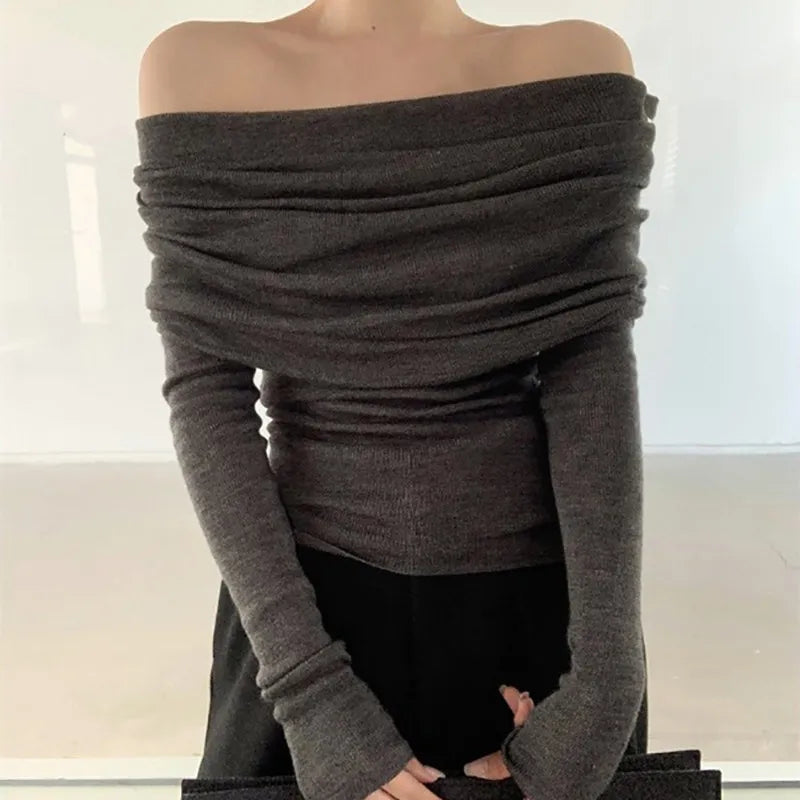 HELIAR Women Slash Neck Sweater Long Sleeve Knitwear Solid Off Shoulder Autumn Thin Pullovers Office Lady Elegant Tops LANFUBEISI