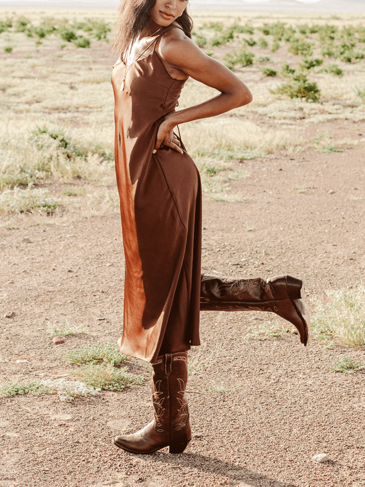Taafo Brown Leaves Embroidery Almond-Toe Wide Calf Western Boots Knee High Tall Boots