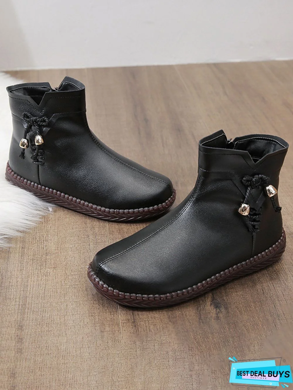 Women's Bow Faux Fur Lined Plain Boots with Zipper