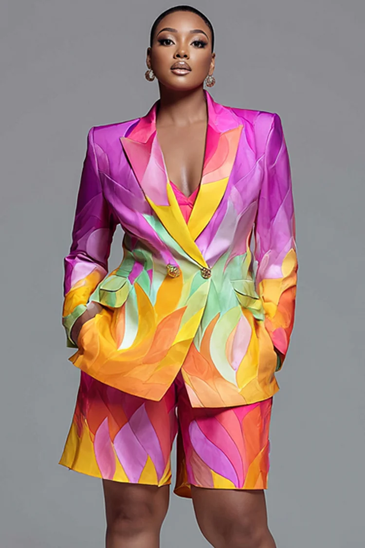 Xpluswear Design Plus Size Party Multicolor Graphic Lapel Collar Long Sleeve Pocket Satin Two Piece Short Suits [Pre-Order] 2024 - Xpluswear