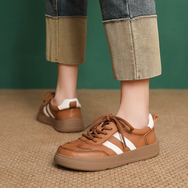 Yyvonne Layer Cowhide Flat-Soled Single-Shoe Women 2025 Spring New Passion Casual Descun Shoes Round Head Lace Board Shoes