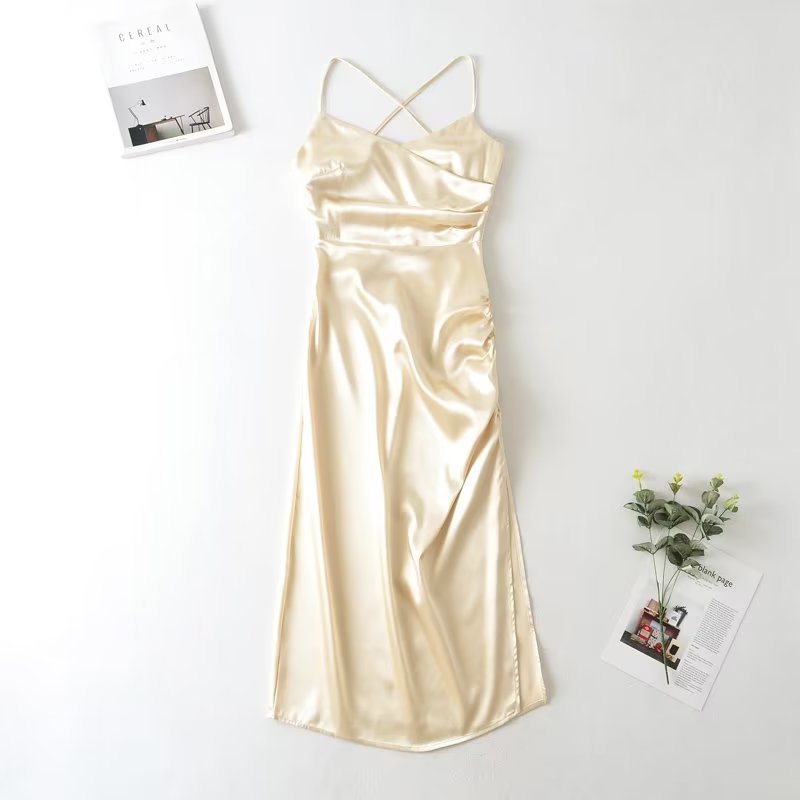 Summer Women Clothing High Waist Backless Mid-Length Strap Satin Dress for Women