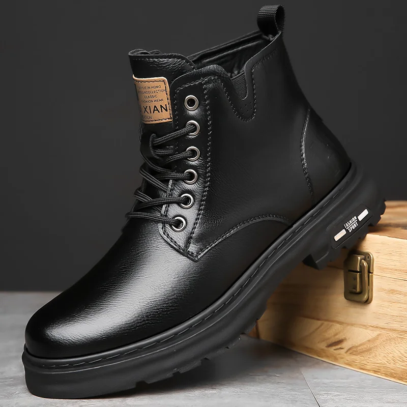 Men's High Top British Style Leather Shoes Rider Motorcycle Snow Boots