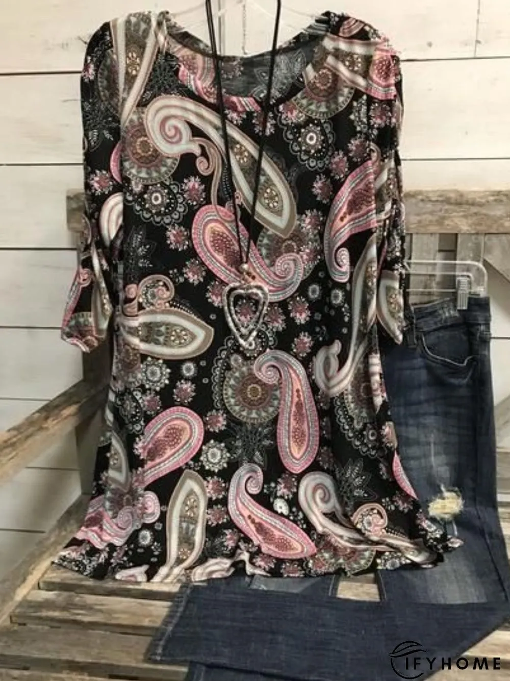 Casual 3/4 Sleeve Round Neck Printed Tunic Top | IFYHOME