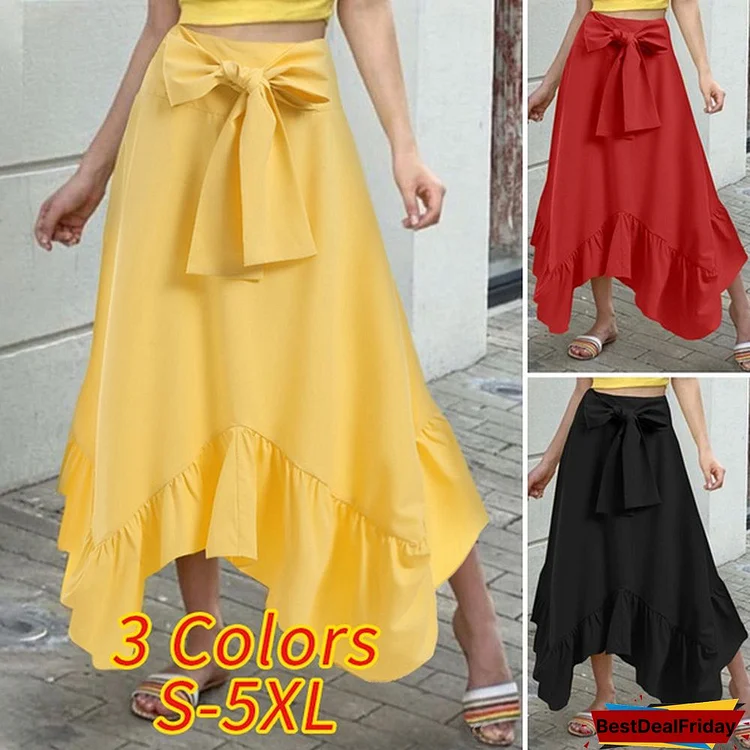 Women Umbrella Long Skirt Irregular Ruffle Hem High Waist Bowknot Party Elegant Casual Pleated Maxi Skirt Dress Plus Size