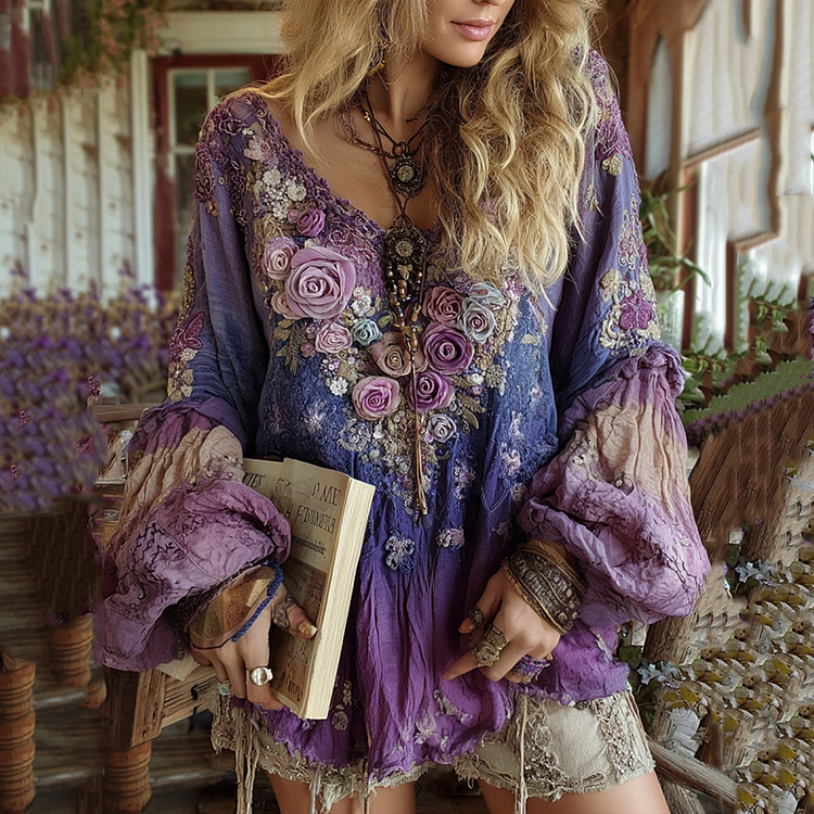 VChics Classy Vintage Floral Splicing Cotton And Linen Long Sleeve Shirt