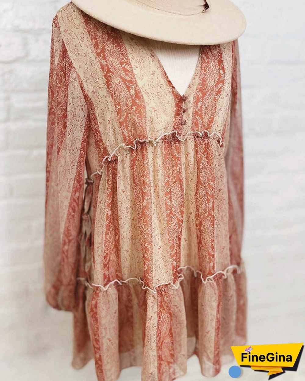 Plus Size Comfortable Loose Long Sleeve Printed Chiffon Mini Dress