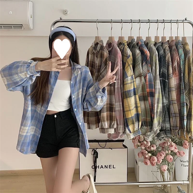 Uveng Uveng Plaid Shirt Woman 2025 Spring And Autumn Korean Version Of The Blouse Loose Hong Kong Style Long-Sleeved Shirt Woman
