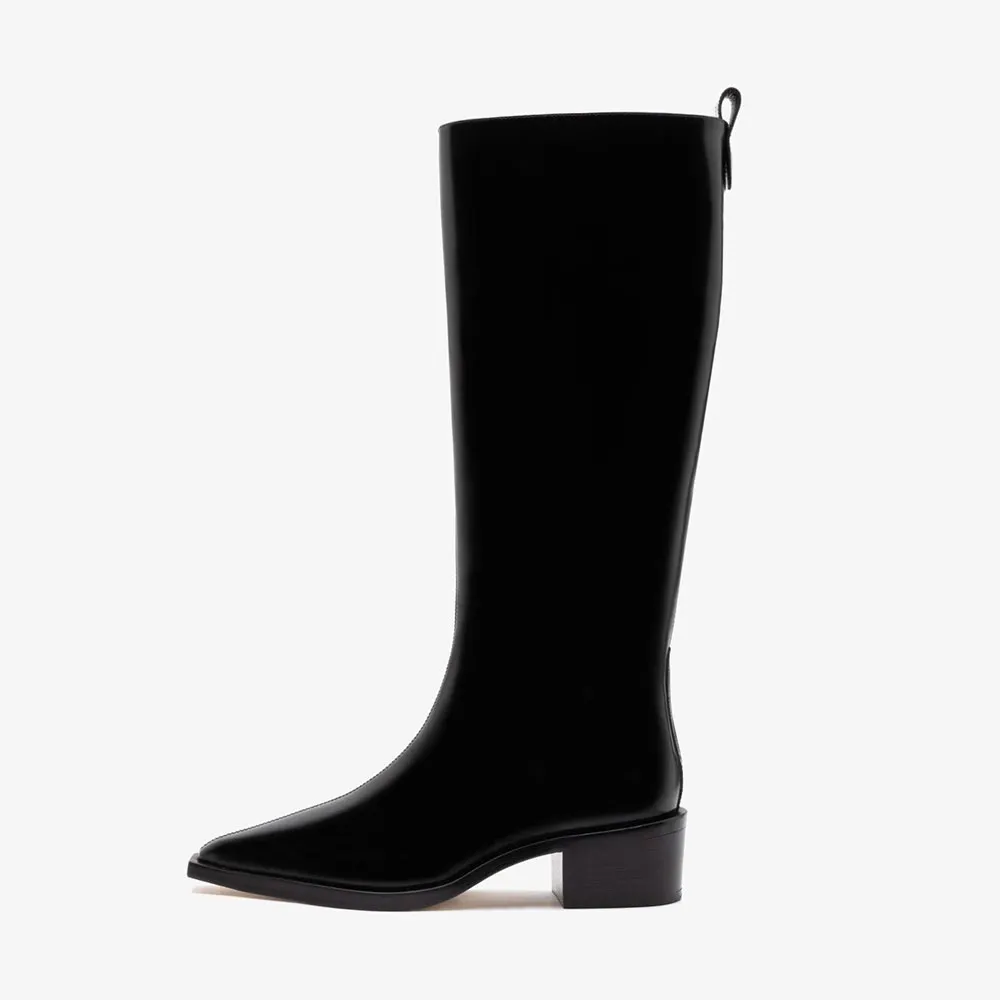 Bright Black Vegan Leather Pointed Toe Block Heel Long Boots for Women